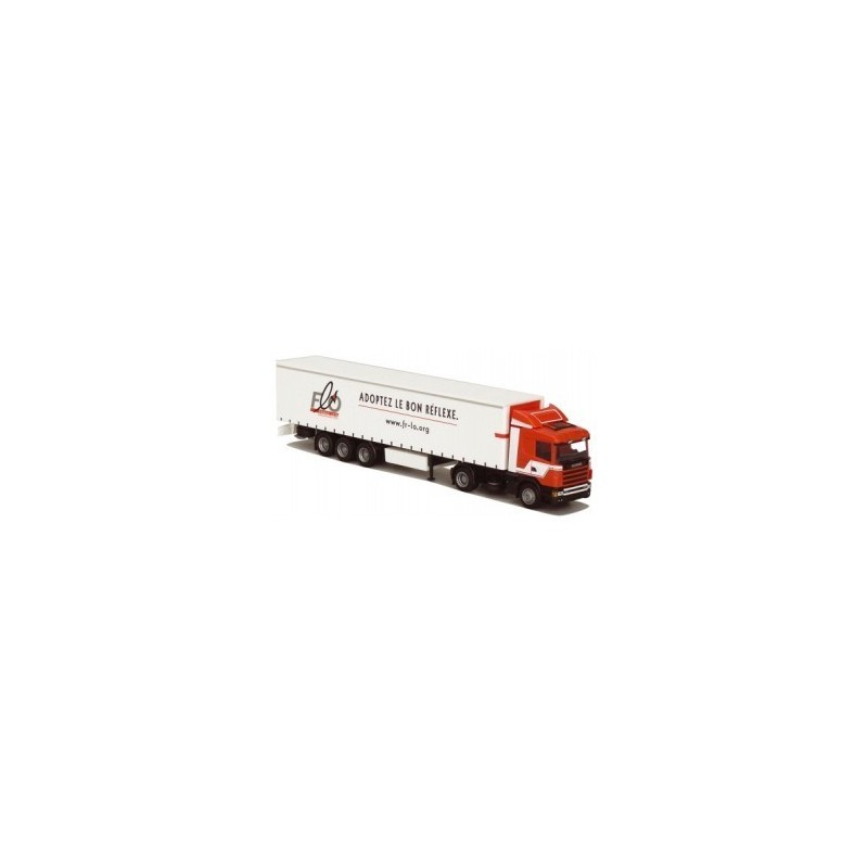 Model Scania "4" / Aerop. - G-KSZ, skala 1:87, AWM54538. Czerwono-biała ciężarówka z naczepą, logo ELS i napisem "ADOPTEZ LE BON