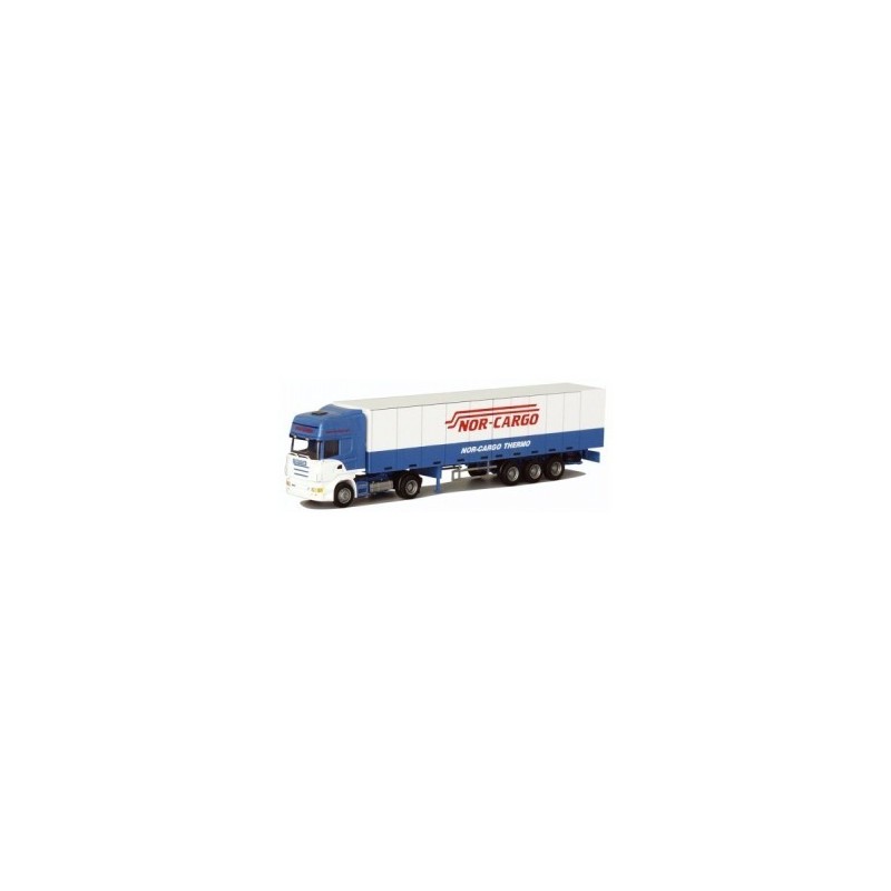 Model Scania "R" z naczepą chłodnią, skala nieokreślona, AWM. Biała i niebieska, z logo Nor-Cargo.