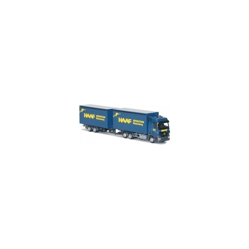 MB Actros MP2, skala 1:87, AWM. Niebieski zestaw z naczepą, logo spedycji HAAF.