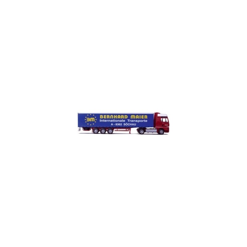 Model redukcyjny MAN TG-A, skala 1:87, AWM. Ciężarówka z niebieską naczepą, logo "Bernhard Maier Internationale Transporte".