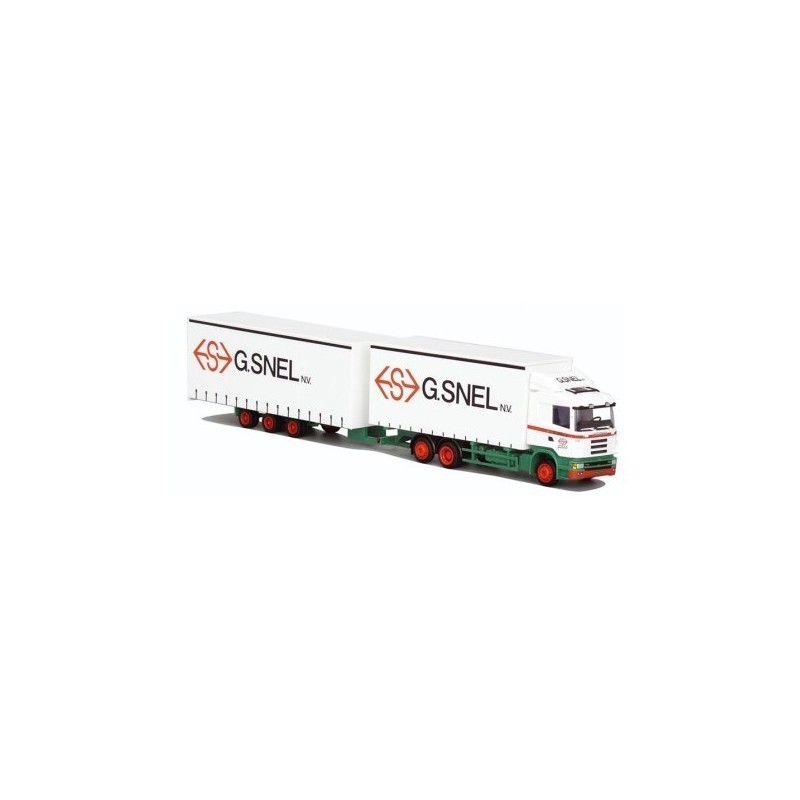 Model redukcyjny Scania "4" Tridem-HZ, skala 1:87, AWM. Biały, zielony i czerwony, logo G.SNEL.