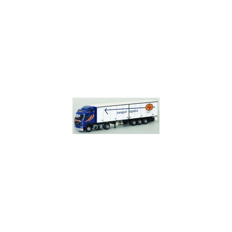 Model redukcyjny Volvo FH Globetrotter, skala 1:87, AWM70487. Niebieska kabina, biała naczepa z logotypem "ASC" i napisem "trans
