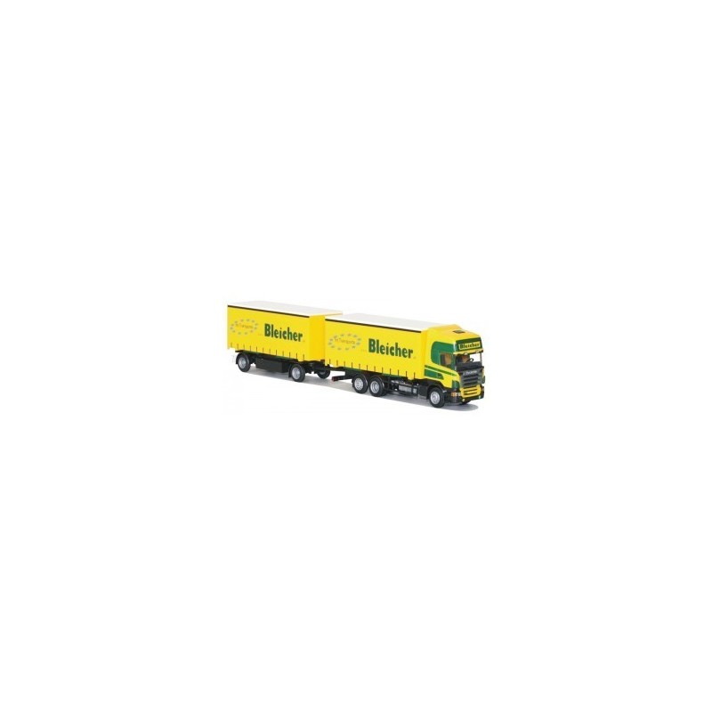 Model Scania "R" Topl. G-WKHZ, skala 1:87, AWM. Żółto-zielony, z naczepą, logo "Bleicher".