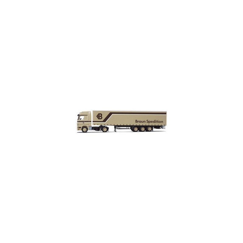 Model redukcyjny MB Actros MP2, skala 1:87, AWM. Kolor brązowy, logotyp Braun Spedition.