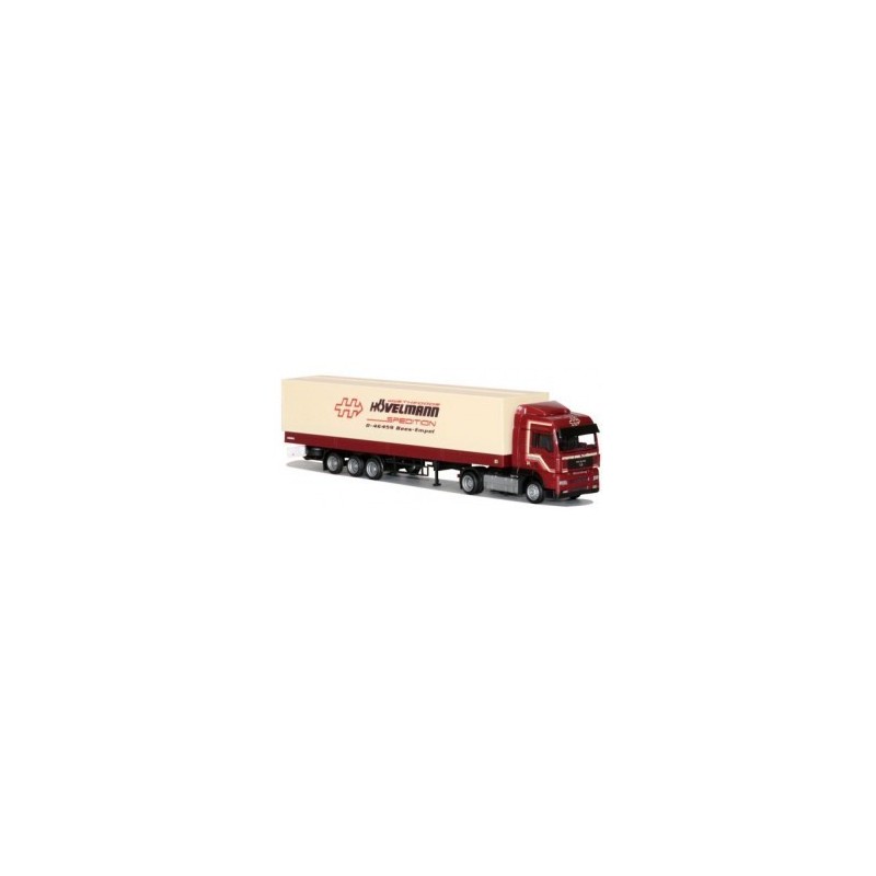 Model redukcyjny MAN TG-A XLX, skala 1:87, AWM. Czerwony ciągnik siodłowy z białą naczepą, logo Hövelmann Logistic.