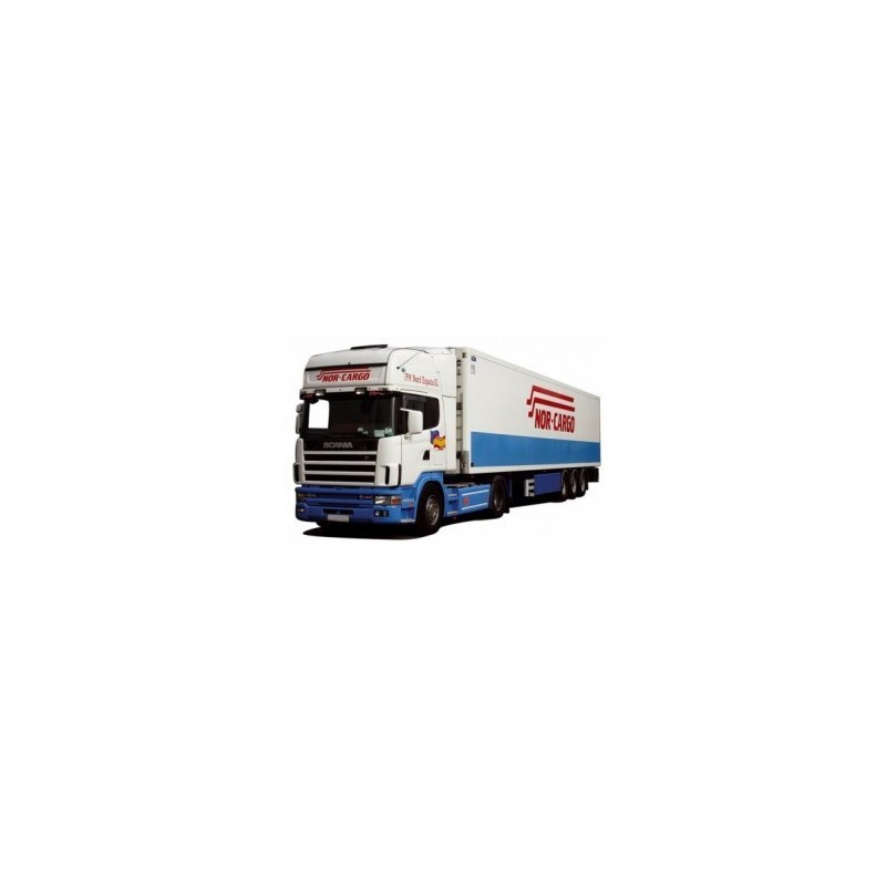 Model Scania "4" Topl. / Aerop. - Kühl-KSZ (AWM71897), skala 1:87, AWM. Biały i niebieski samochód ciężarowy z napisem NOR-CARGO