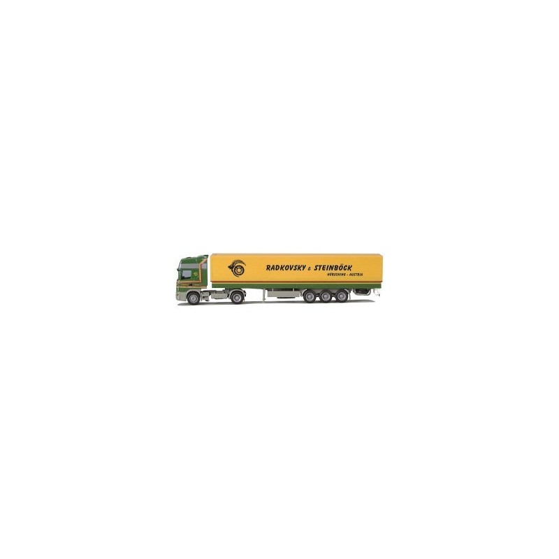 Model Scania "4" R Topl. / Aerop. - PrSZ, skala nieokreślona, AWM. Zielono-żółty, naczepa z logo Radkovsky & Steinböck.