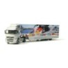 Model redukcyjny Volvo FH GL box semitrailer "WM 2006", skala 1:87, Herpa. Biała ciężarówka z naczepą ozdobioną flagami i grafik