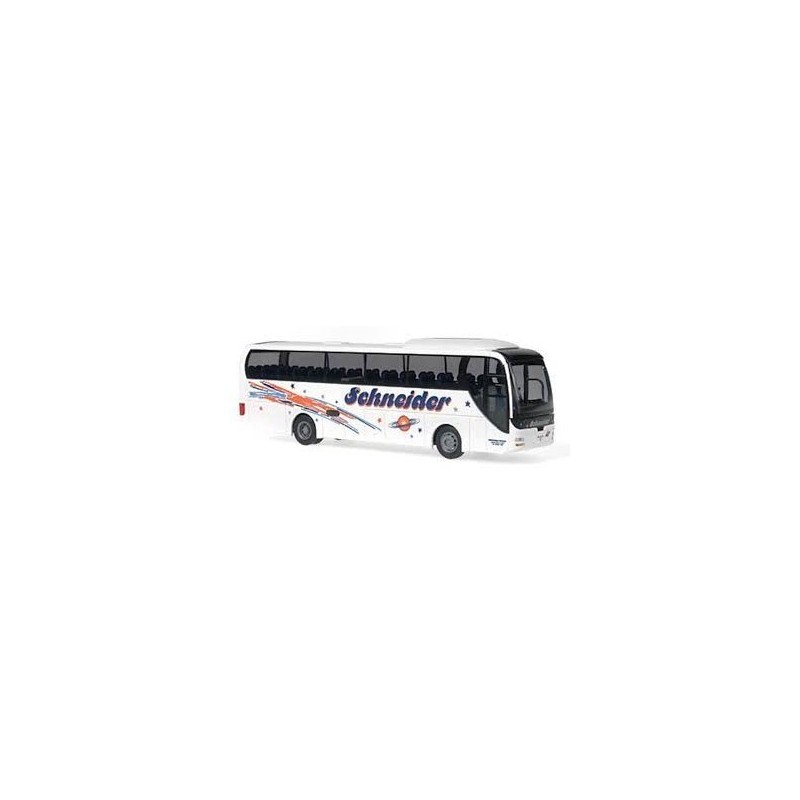 Model autobusu MAN Lion's Coach, skala 1:87, Schneider. Biały z pomarańczowo-niebieskimi pasami i logo Schneider.