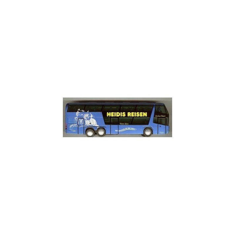 Model Neoplan Skyliner Heidis Reisen, skala 1:87, Rietze. Niebieski piętrowy autobus turystyczny z logo Heidis Reisen.