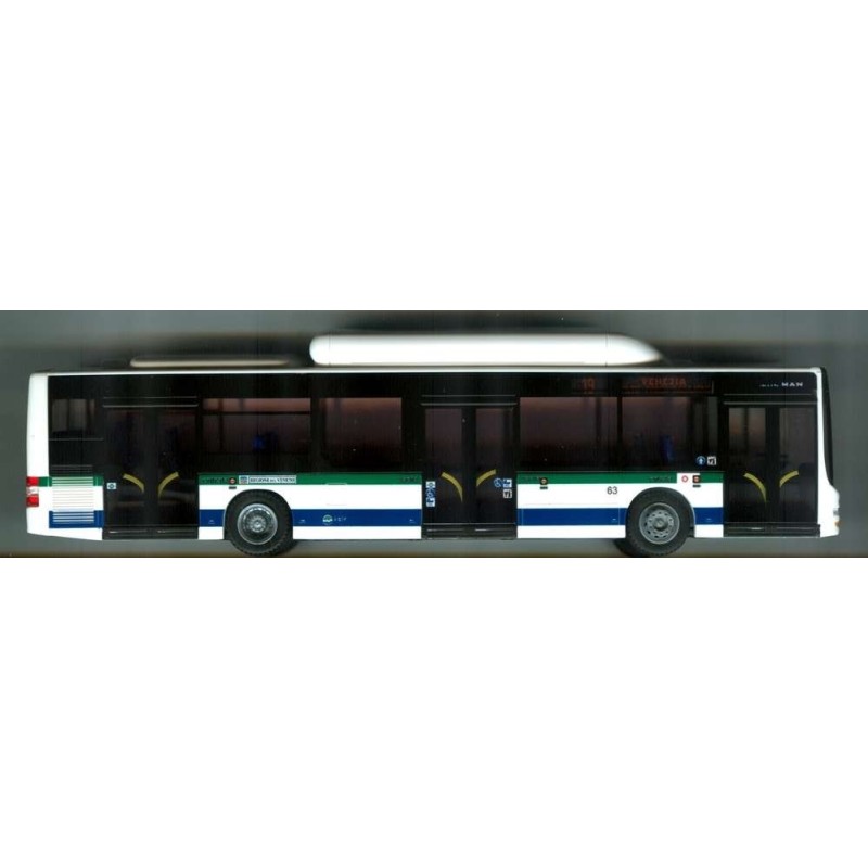 Model redukcyjny MAN Lions City, skala 1:87, Rietze. Biały, zielony i niebieski.