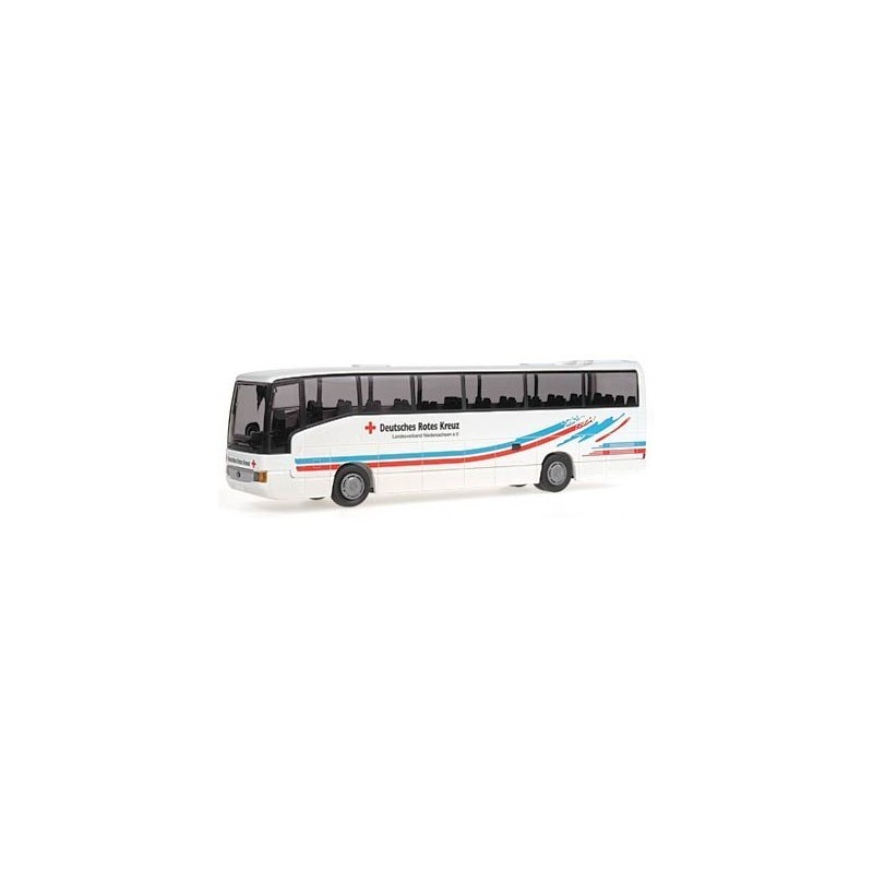 Model redukcyjny MERCEDES-BENZ O 404 RHD DRK Niedersachsen, skala 1:87. Biały autobus z czerwono-niebieskimi pasami i logo Czerw