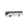Model redukcyjny MERCEDES-BENZ O 404 RHD DRK Niedersachsen, skala 1:87. Biały autobus z czerwono-niebieskimi pasami i logo Czerw