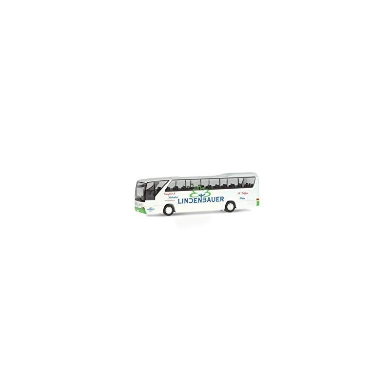 Mercedes O 350 RHD Lindenbauer, 1/87, Rietze. Biały autobus z zielono-niebieskim logo.