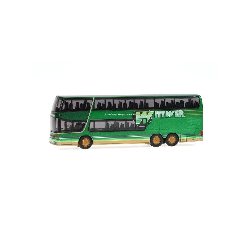 Model redukcyjny autobusu SETRA S 328 DT, skala 1:87, Wittwer Reisen Neuchatel. Zielony, złote akcenty.