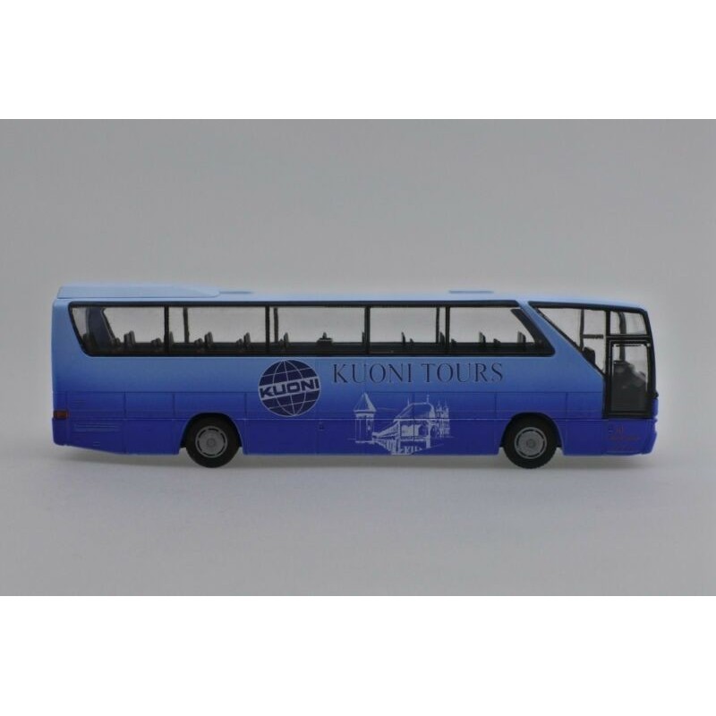 Model redukcyjny MERCEDES O 350, skala 1:87. Niebieski autobus turystyczny Kuoni Tours z logo i detalami.