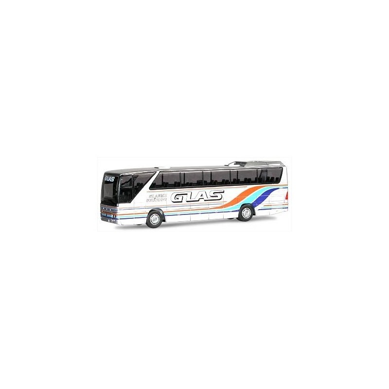 Model redukcyjny MERCEDES O 350 RHD Glas, St.Aegidi, skala 1:87, RIETZE. Biały autobus z kolorowymi pasami, logo Glas.
