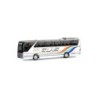 Model redukcyjny MERCEDES O 350 RHD Glas, St.Aegidi, skala 1:87, RIETZE. Biały autobus z kolorowymi pasami, logo Glas.