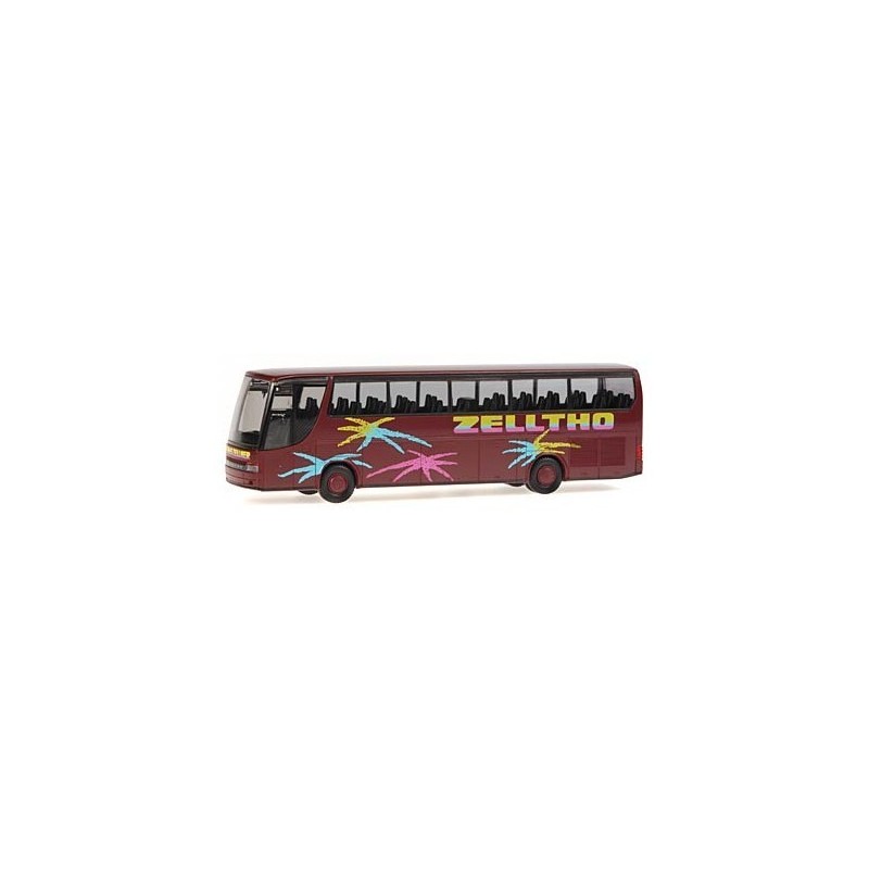 Model redukcyjny autobusu SETRA S 315 HDH Zelltho, skala 1:87. Czerwony, z kolorowymi kwiatami i napisem Zelltho.