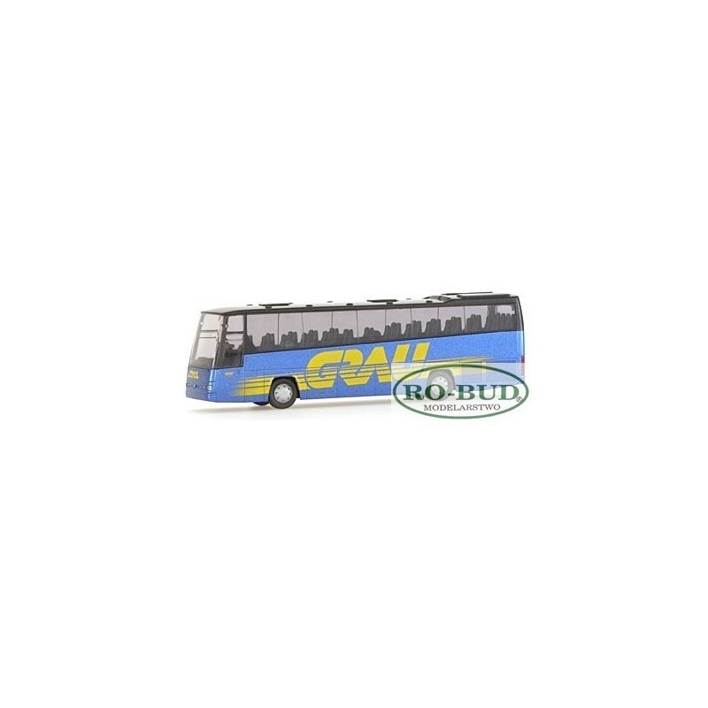 Model redukcyjny autobusu VOLVO B12-600, skala 1:87, niebieski z żółtymi napisami.
