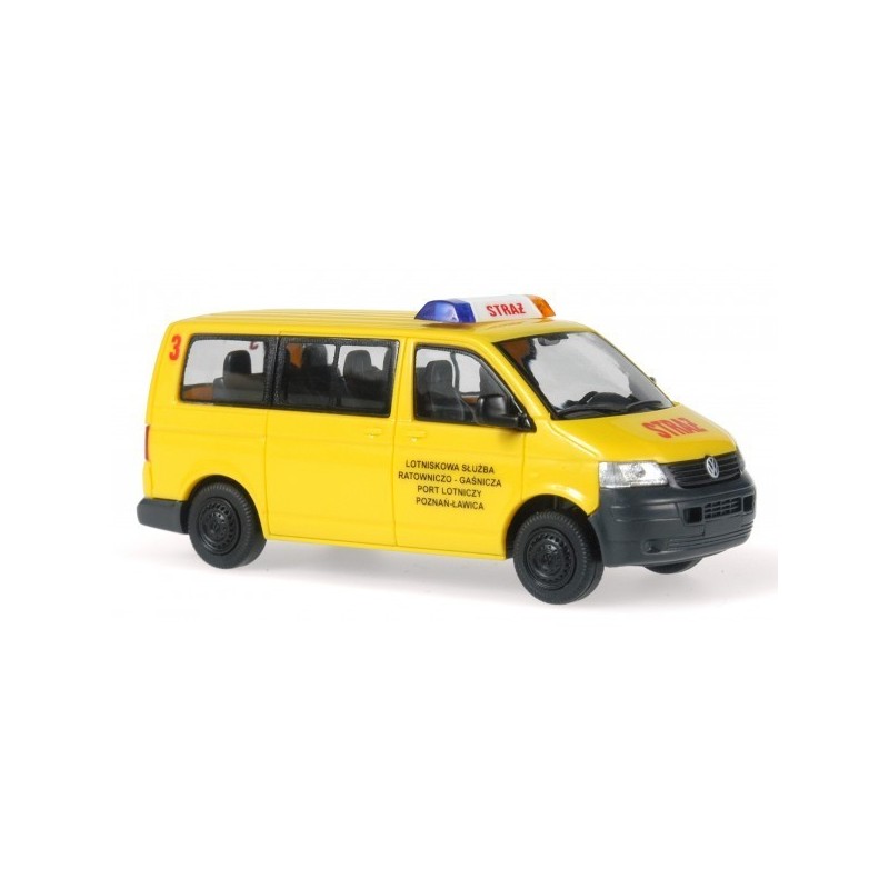 Model redukcyjny VW T5, skala 1:87, port lotniczy Poznań-Ławica, żółty, z napisami straż.