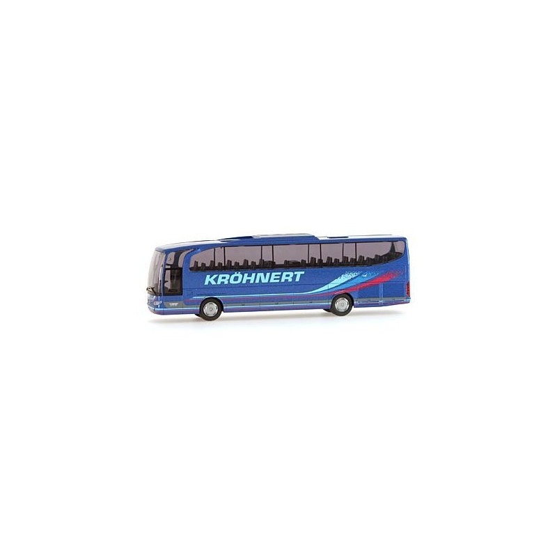 Model redukcyjny Mercedes Travego, skala 1:87, Kröhnert. Niebieski autobus z logo firmy.