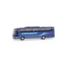 Model redukcyjny Mercedes Travego, skala 1:87, Kröhnert. Niebieski autobus z logo firmy.
