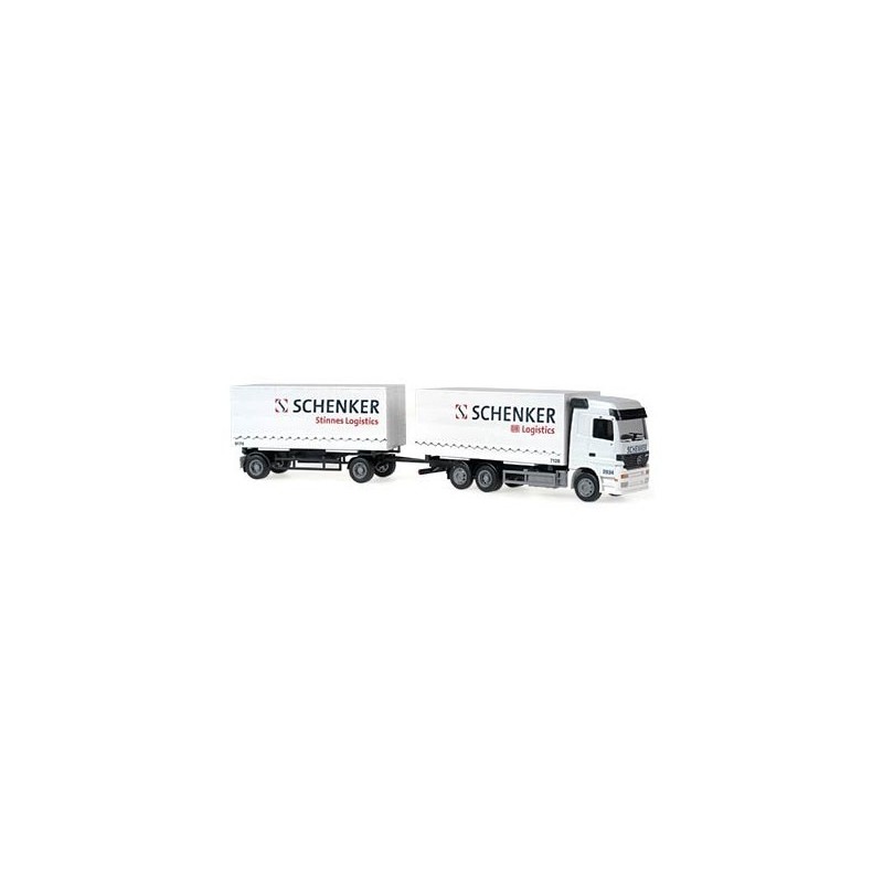 Model redukcyjny MERCEDES-BENZ Actros, skala 1:87. Biały zestaw ciężarowy z naczepą, logo Schenker Stinnes Logistics.