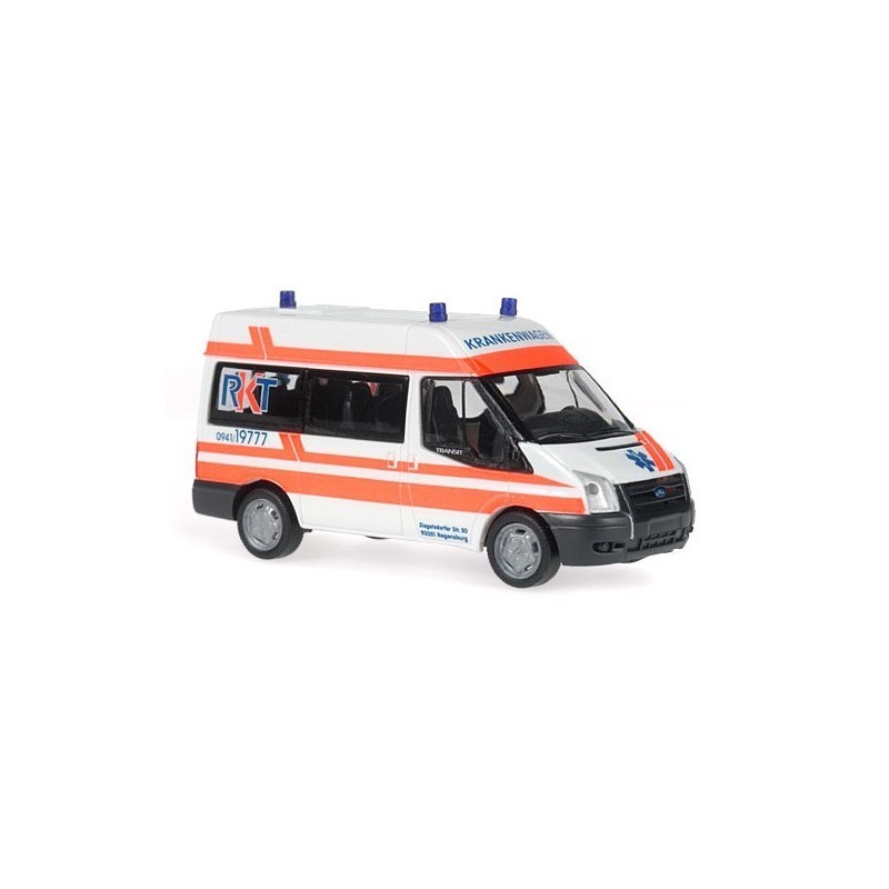Model redukcyjny Ford Transit MD Bus "RKT Regensburg", skala 1:87, Herpa. Biała i pomarańczowa karetka, logo RKT.