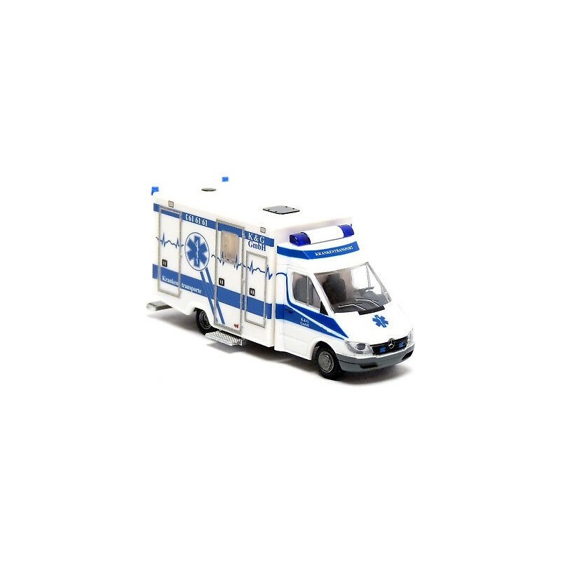 Model redukcyjny karetki RTW K & G Krankentransporte, skala 1:87, Wietmarscher. Biały i niebieski, detale medyczne.