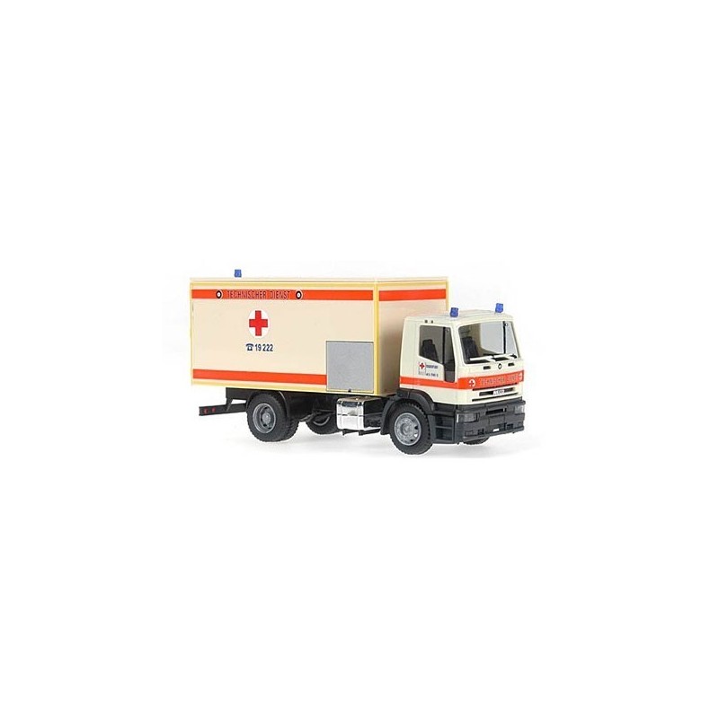 Model Iveco EuroTech, skala 1:87, RIETZE. Pojazd techniczny z czerwonym krzyżem.