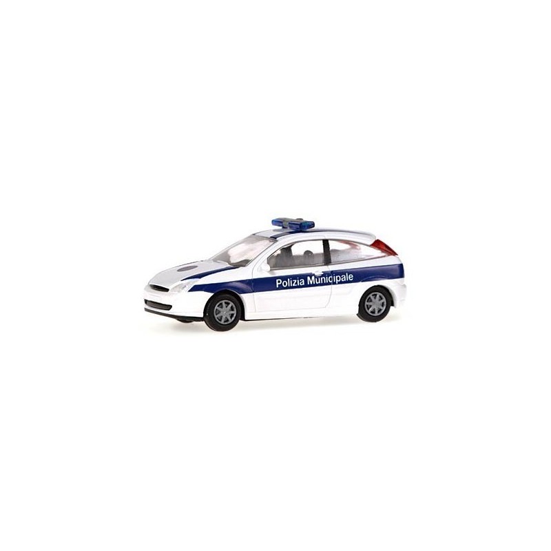 Model redukcyjny Ford Focus Polizia Municipale, skala 1:87. Biały z niebieskimi pasami, napis "Polizia Municipale".