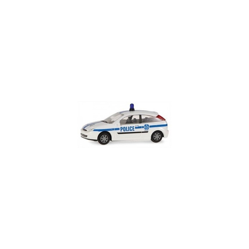 Model redukcyjny Ford Focus Police, skala 1:87. Biały samochód policyjny z niebieskimi pasami.