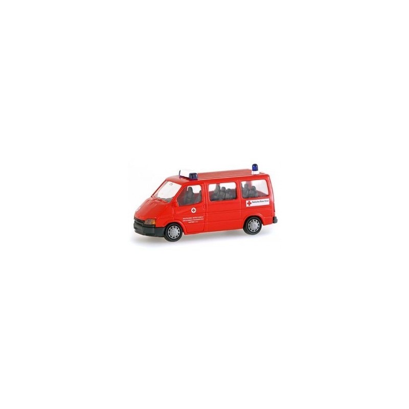 Model redukcyjny FORD Transit DRK Hochspeyer, skala 1:87. Czerwony ambulans z sygnalizacją, logo czerwonego krzyża.
