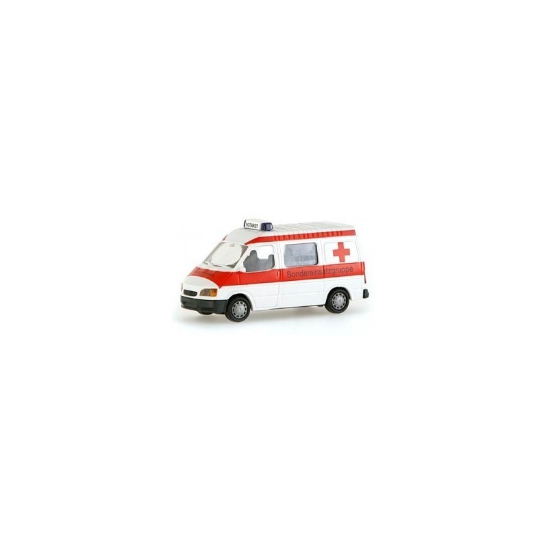 Model redukcyjny Ford Transit Sondereinsatzgruppe, skala 1:87, biało-czerwony, napis Sondereinsatzgruppe, czerwony krzyż.