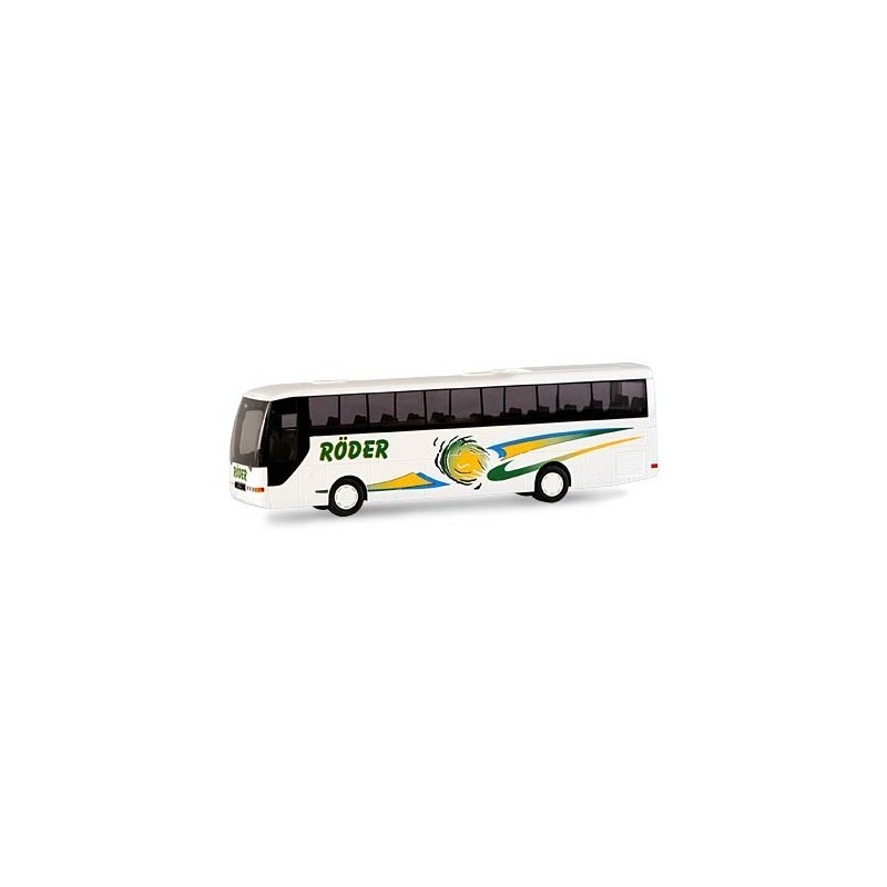 Model redukcyjny autobusu MAN Lions Coach Röder, Kropstädt, skala 1:87, Rietze. Biały korpus, zielono-żółte malowanie.