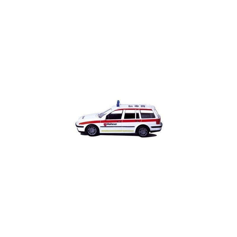 Model redukcyjny VW Golf IV Malteser, skala 1:87. Biały z czerwonymi i żółtymi pasami, logo Malteser.
