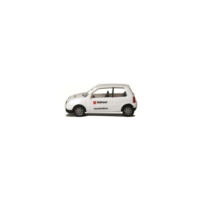 VW Lupo Malteser Hausnotrufdienst, skala 1:87. Biały samochód z czerwonym logo i czarnym tekstem.