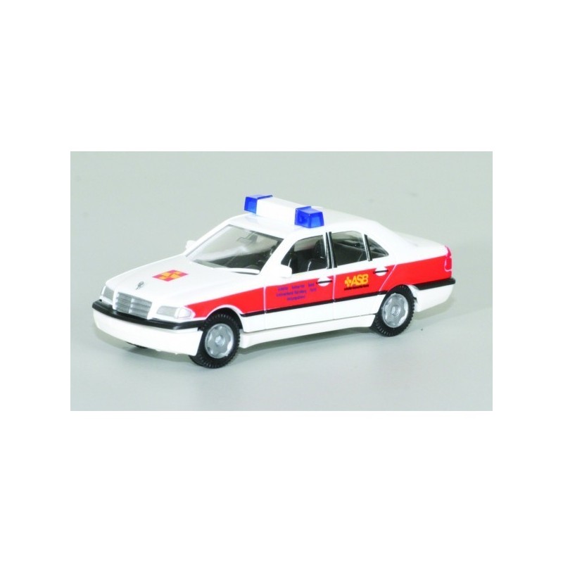 Model redukcyjny MB C-Klasse ASB Nürnberg, skala 1:87, biały z czerwonymi i niebieskimi szczegółami.