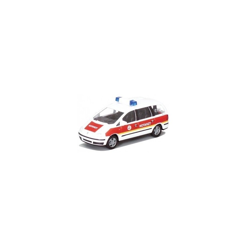 Model redukcyjny VW Sharan Notarzt, skala 1:87, z detalami pojazdu pogotowia, malowanie czerwono-żółte.