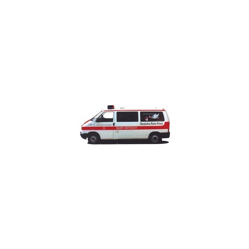 Model redukcyjny VW T4, skala 1:87, niebieski-pomarańczowy samochód notarzt, oznaczenia DRK.
