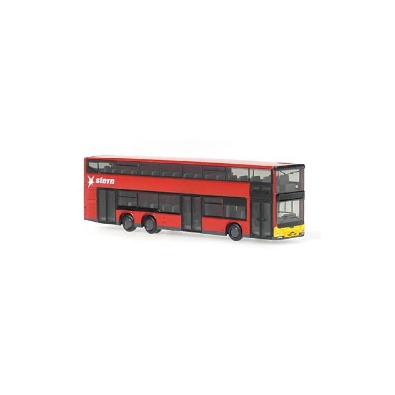 Model MAN Lions City Doppeldecker Stern, skala 1/160N, czerwony z żółtym przodem.