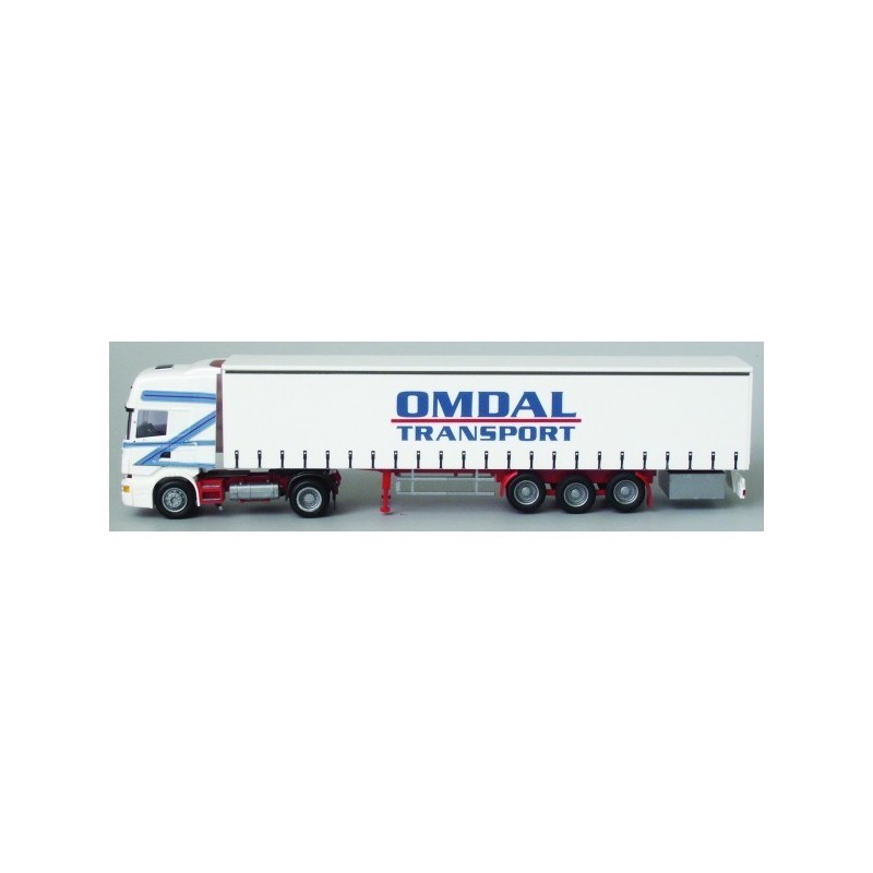 Model Scania "4" R Topl. / Aerop. - G-KSZ "Omdal", skala 1:87. Czerwono-biały, z naczepą.