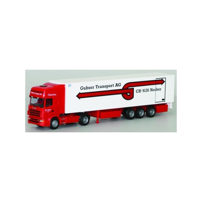 Model redukcyjny Scania "4" z naczepą chłodnią "Gubser", skala 1:87, Herpa. Czerwony ciągnik z białą naczepą.
