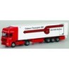 Model redukcyjny Scania "4" z naczepą chłodnią "Gubser", skala 1:87, Herpa. Czerwony ciągnik z białą naczepą.