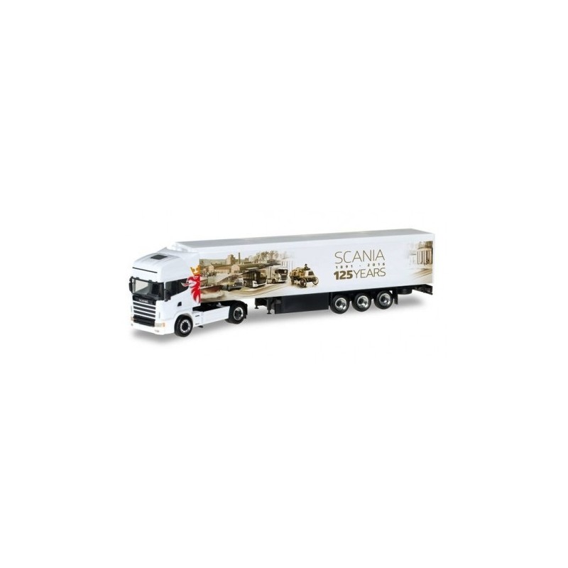 Scania 164 TL "125 Jahre Scania", skala 1:87, Herpa. Biały ciągnik siodłowy z naczepą, logo "125 YEARS".