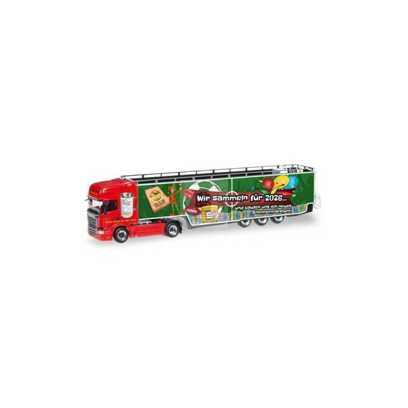 Model redukcyjny Scania R TL "Carnival 2016", skala 1:87, Herpa. Czerwony ciągnik siodłowy z naczepą, zielone malowanie z napise