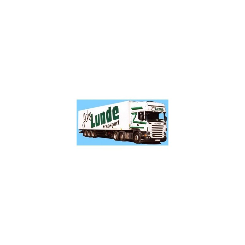 Model redukcyjny Scania R, skala 1:87, AWM. Biała naczepa chłodnia z zielonymi akcentami i logo Lunde transport.
