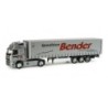 Model redukcyjny Volvo FH GL XL "Bender" w skali 1:87, Herpa. Szara naczepa z czerwonym napisem "Bender".
