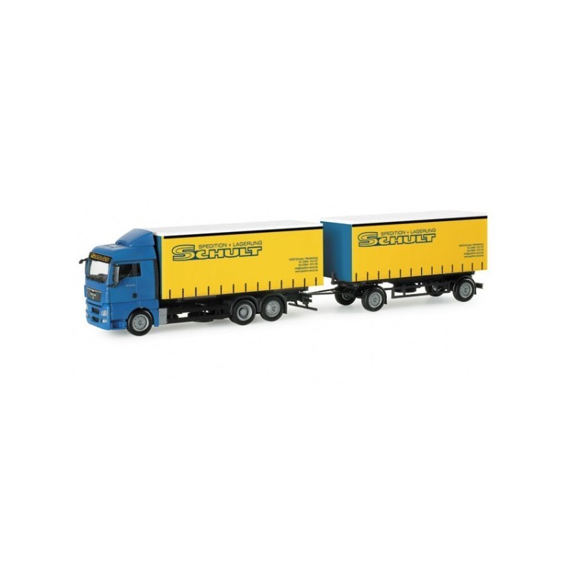 Model redukcyjny MAN TGA XXL "Schult", skala 1:87, Herpa. Niebieski ciągnik siodłowy z żółtą naczepą, logo "Schult".